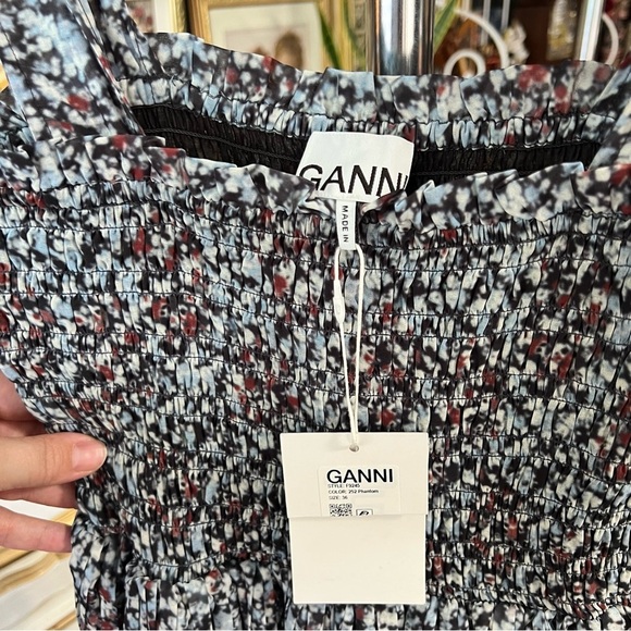 Ganni Printed Pleated Georgette Mini Dress Phantom Size 4 US - Picture 9 of 11